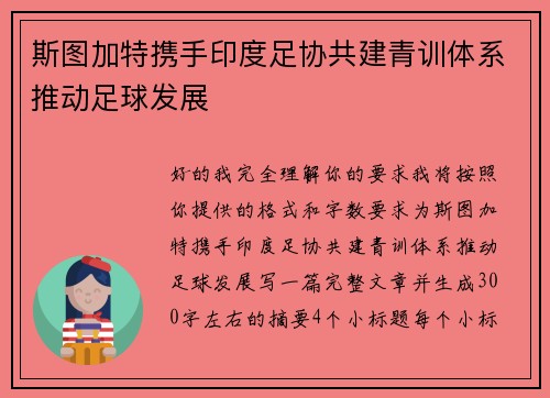 斯图加特携手印度足协共建青训体系推动足球发展
